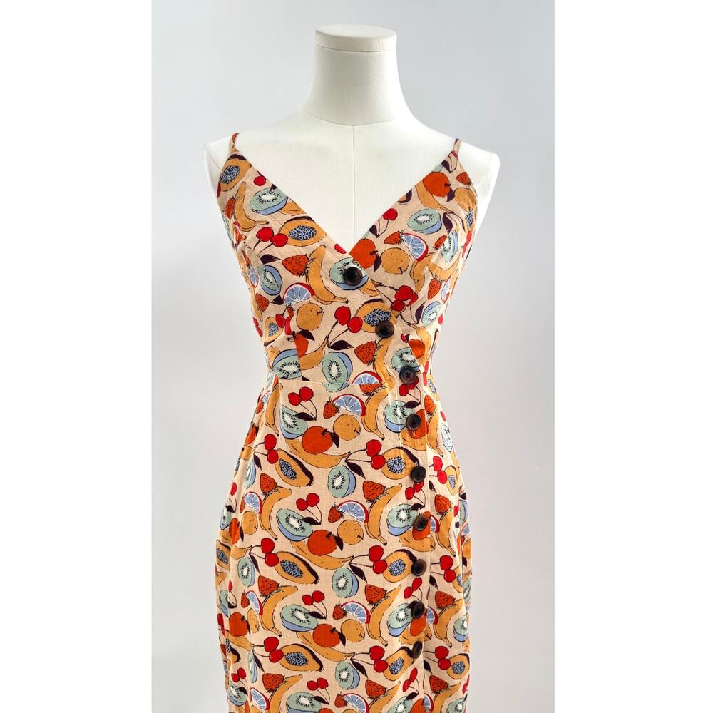 UO Urban Outfitters Linen Fruit Print Dress Peach Sleeveless Button Up Midi XS